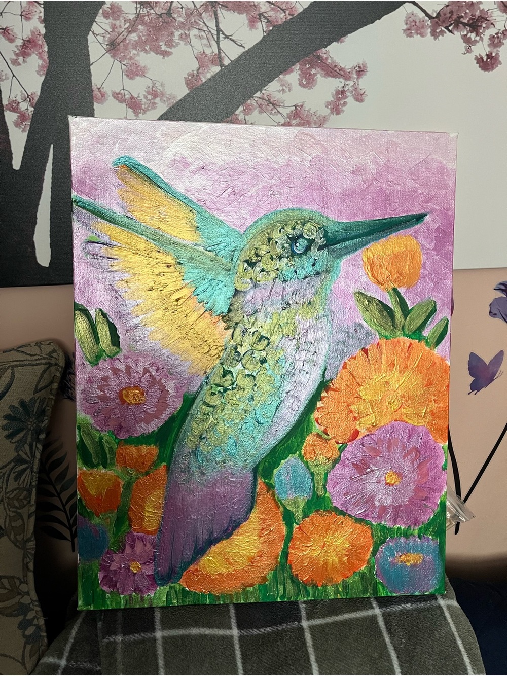 Vibrant Teal & Pink Hummingbird Canvas Wall Art by